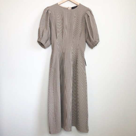 NWT Anthropologie Houndstooth Pleated Puff Sleeve Cottagecore Preppy Midi Dress - Picture 4 of 10